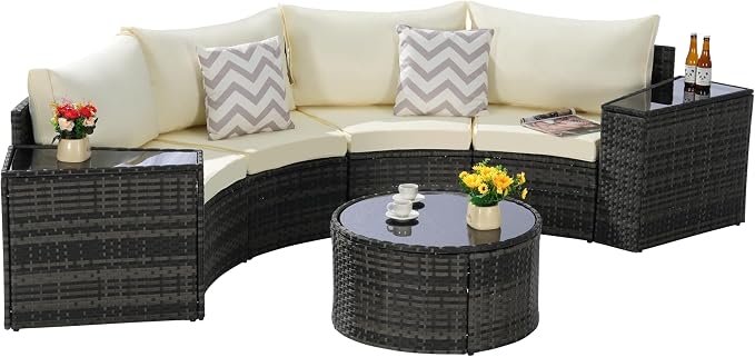 KEIKI 7-Piece Half-Moon Outdoor Patio Furniture Set, Rattan Patio Conversation Set with Coffee Table & 2 Sofa Side Table & 4 Curved Armless Sofa, Wicker Curved Sectional Sofa Set, for Backyard, Beige