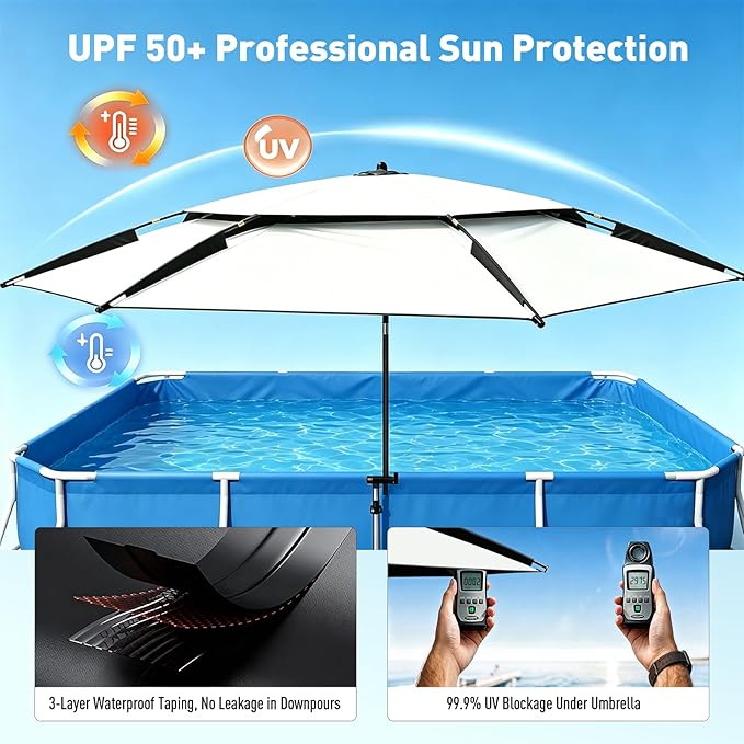 Above Ground Pool Umbrella 7.9 FT, UPF 50+ Sun Protection, 360° Rotating & Tilt Adjustable, Rust-Resistant Stainless Steel Clamp, with Ground Stake & Carry Bag, Outdoor Umbrella for Patio, Beach, Camping – White