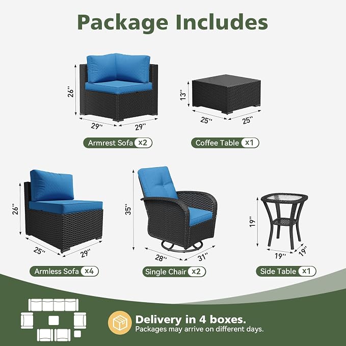 Aoxun 10 Piece Outdoor Patio Furniture Set with Coffee Table, Wicker Rattan Outdoor Furniture with High Back Swivel Rocker Chairs, Outdoor Conversation Set with Thick Cushion & Ottoman, Peacock Blue