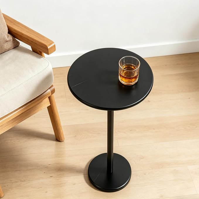 Small Round Side Table Black Drink Table with Marble Base, Modern Weighted Martini Pedestal Table for Small Spaces, Living Room, Bedroom, Sofa Couch, Office