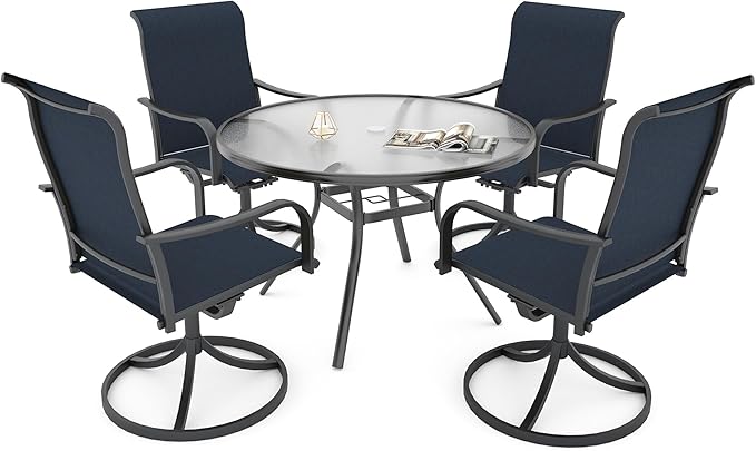 Anmutig Outdoor Patio Dining Set for 4, 40" Glass Round Dining Table with 4 Navy Blue Swivel Chairs - Style2