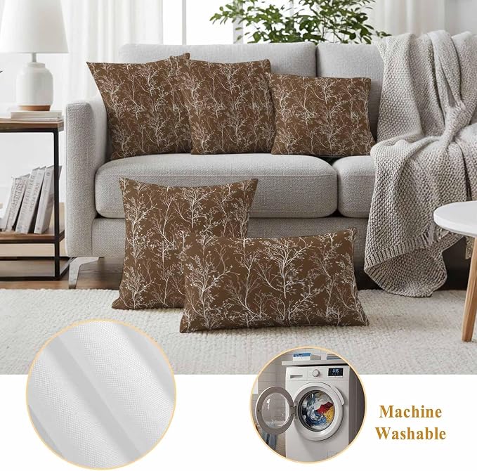Brown Branches Waterproof Outdoor Pillow Covers Set of 2 Home Decor, Abstract Art Leaves Plant Pillowcase Patio Pillow Covers for Couch Bench Patio Furniture Garden 24x24in