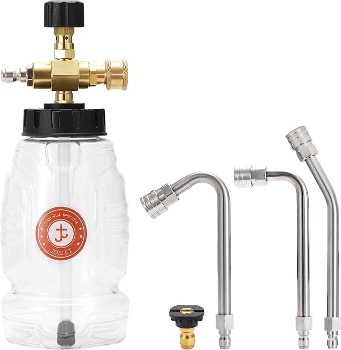 JOEJET Chemical Injector for Pressure Washer with Curved Wand, Adjustable Pressure Washer Soap Injector with Nozzle, 1/4 Inch Quick Connect, 3600 PSI