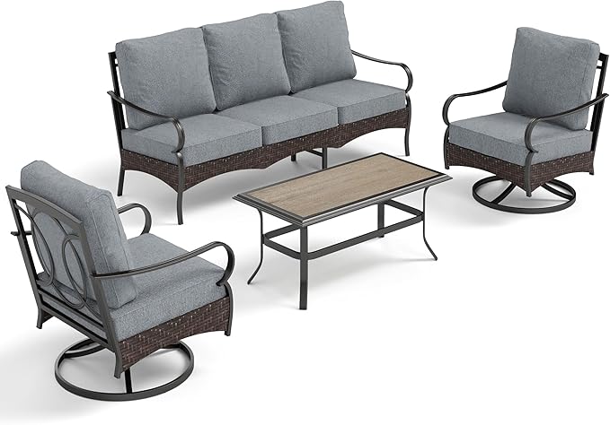 PHI VILLA Outdoor Modern Patio Furniture Set, Upgraded Wicker & Metal Patio Furniture Conversation Set with Waterproof Thick Cushions for Porch, Poolside, Yard (4 Pieces,Grey)