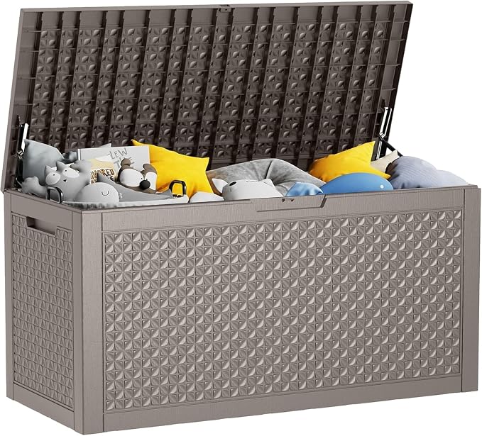 Resin Deck Box, Lockable Patio Outdoor Storage Box for Furniture, Garden Tools and Tools Storage, Waterproof Outside Storage Boxes (Patterned grey, 100 Gallon)