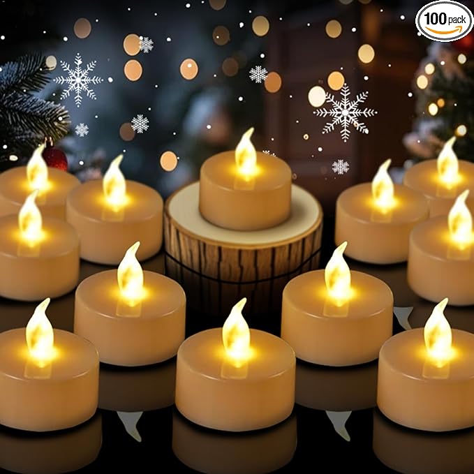 Tea Lights Flameless Candles, 100 Pack Warm Yellow Battery Operated Flickering Candles 200+ Hours Ideal for Home Decoration Outdoor Wedding Parties (100pack Warm Yellow)