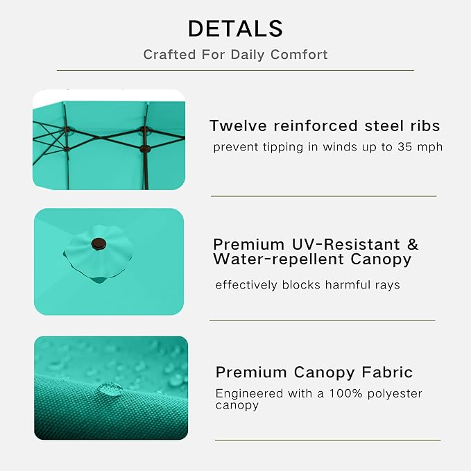 Kingdura 15ft Large Patio Umbrella with Base Included, Double-Sided Rectangle Outdoor Table Umbrella with 12 Reinforced Ribs, Crank Lift for Market Pool Deck Backyard, Tiffany blue