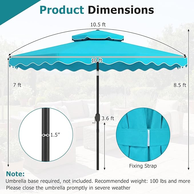 Happygrill 10 FT Patio Umbrella, Scalloped Outdoor Table Market Umbrella with Push Button Tilt & Crank, 2-Tier Vented Top, Heavy-Duty 8 Metal Ribs, Sun-Protective Canopy, Ruffle for Deck Pool Garden (Turquoise)