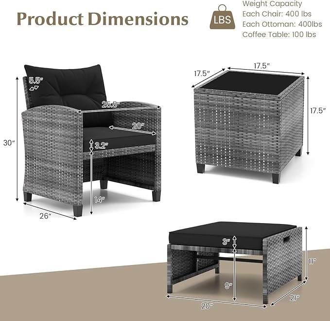 Tangkula 5 Pieces Patio Conversation Set, PE Wicker Rattan Outdoor Furniture Set with 2 Chairs, 2 Ottomans & Tempered Glass Coffee Table, Ideal for Poolside, Backyard, Lawn, Deck, Mix Grey & Black