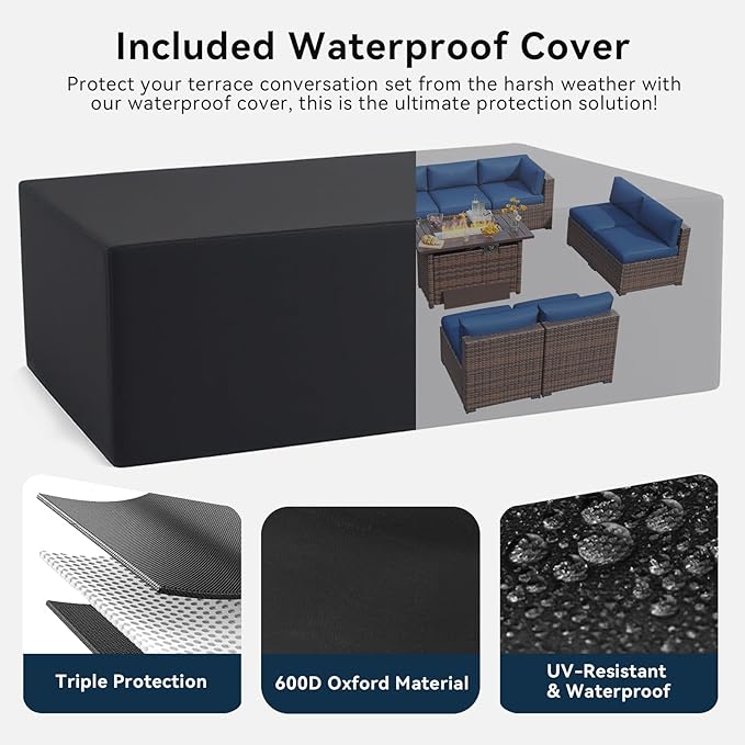 LazySunsets 12 Piece Outdoor Patio Furniture Set with 44'' Fire Pit Table, Outdoor Patio Furniture Sets with Waterproof Cover and 4'' Cushion, Wicker Rattan Outdoor Conversation Set for Backyard, Blue