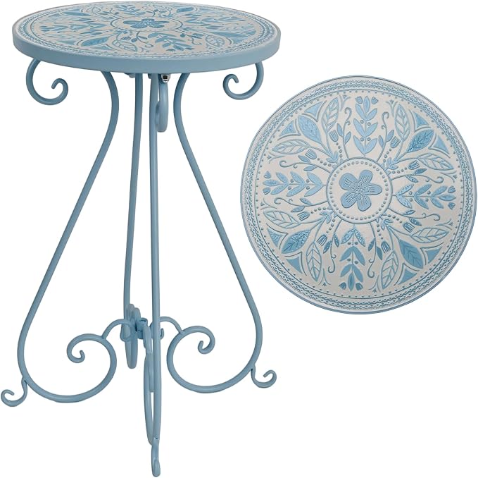 Outdoor Side Table & Mosaic Ceramic Plant Stand, 14" Metal Round End Table for Garden Home Patio Yard Porch Patio Decor Weather Resistant Outside Accent End Furniture (Flower#1)
