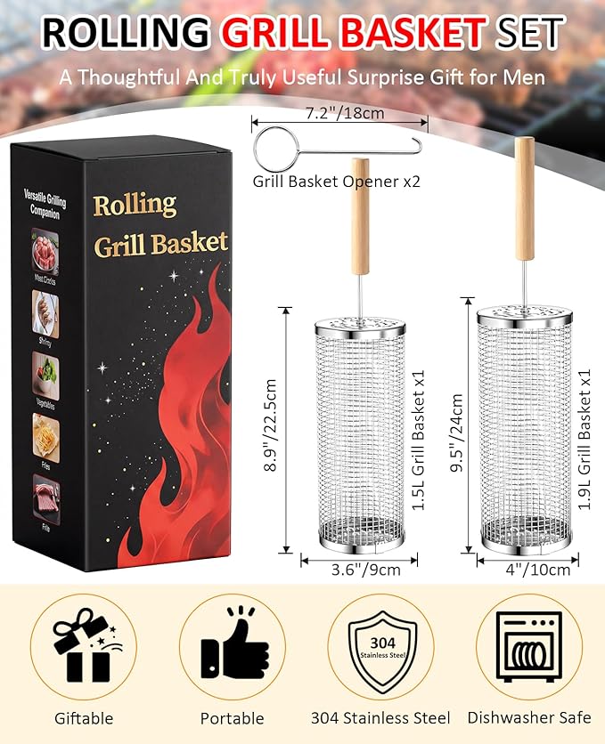 Rolling Grill Basket, Fathers Day Gifts for Dad Husband, Removable Wooden Handle, 304 Stainless Steel, Nesting BBQ Tools for Vegetable, Outdoor Smoker Camping Accessories, Grill Gift for Men Birthday