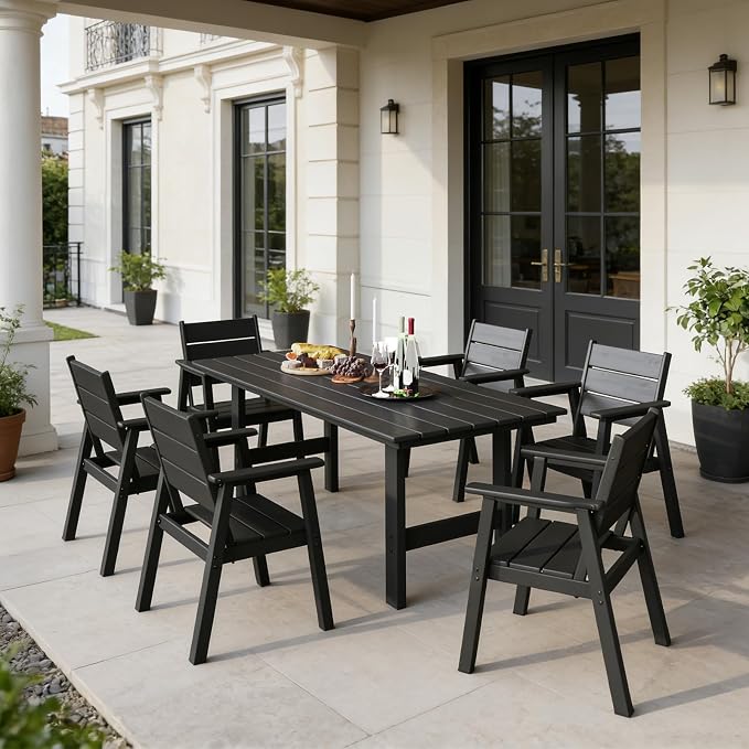 HDPE Outdoor Dining Table and Chairs, 7-Piece Patio Table and Chairs Set, Outdoor Dining Set for 6, All-Weather Dining Furniture Set with Umbrella Hole, Black