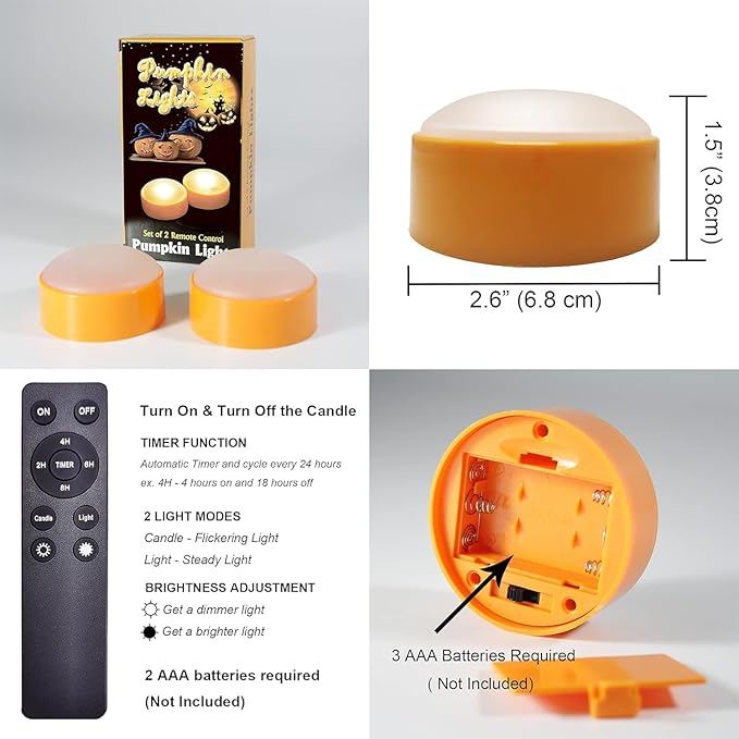 iZAN 4 Pack Battery Operated LED Pumpkin Lights with Remote and Timer, Bright Flickering Flameless Candle Set for Pumpkin Décor Jack-O-Lantern Halloween Party Home Christmas Decorations, Orange Color