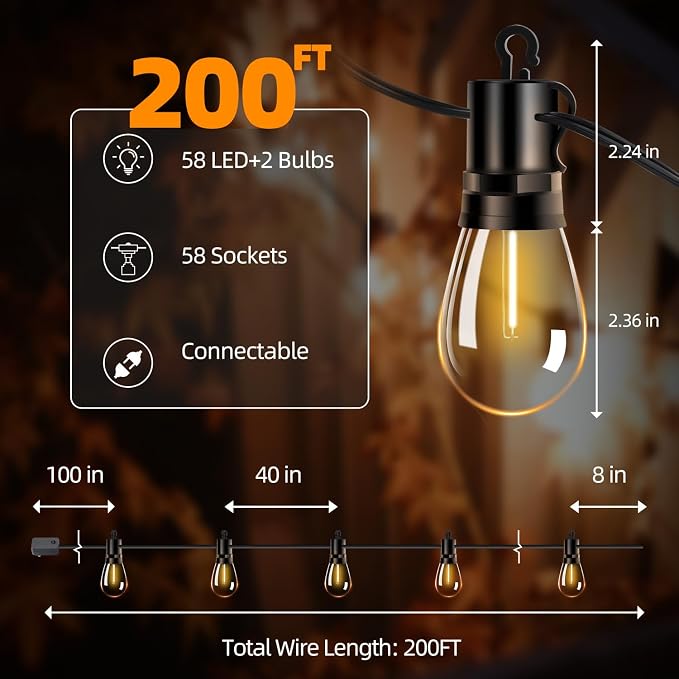 Outdoor Patio String Lights 200ft: S14 LED Shatterproof Bulbs 3 Modes Button Control - Waterproof Connectable Hanging Lights - Garden Backyard Yard Gazebo Porch Party Decorative