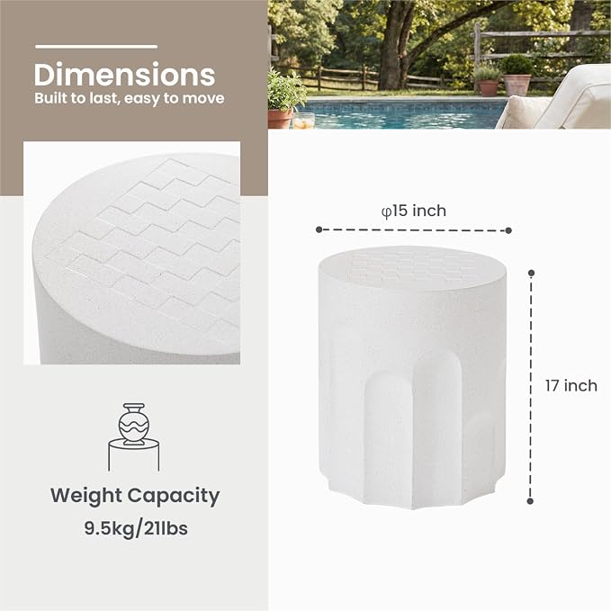 HOMPUS Outdoor Side Table with Checkeboard Grain Tabletop, Round Shaped MgO Lightweight Concrete End Tables, Modern Vintage Patio Accent Table for Indoor Outdoor Use, Spotted White