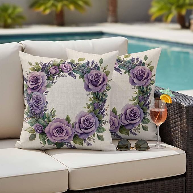 Spring Flower Outdoor Waterproof Throw Pillow Covers Set of 2, 24"x24", Purple Rose Wreath Blooming Floral Retro Decorative Pillow Covers Outside Cushion Case for Patio Porch Garden