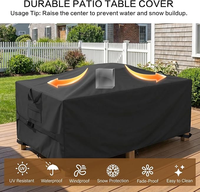 HAIGE Patio Furniture Cover Waterproof, 72" Rectangular Patio Table Cover, Heavy Duty 600D Outdoor Table and Chairs Cover, UV Resistant, Windproof with Air Vents, Drawstring & Buckle Straps, Black