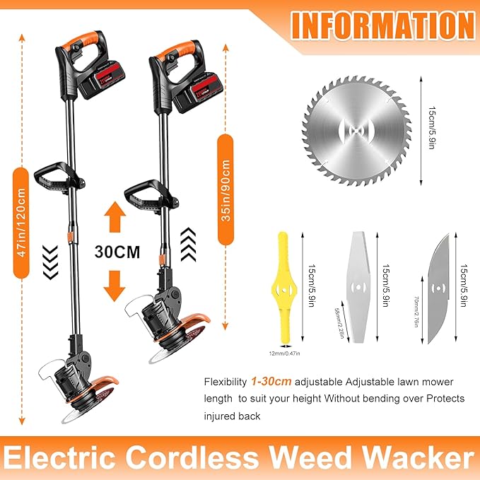 Electric Cordless Weed Wacker, 21V Electric Weed Wacker Eater with Battery Charger, 3 in 1 Grass Trimmer with 4 Types Blade, Lightweight Adjustable Design for Lawn, Yard