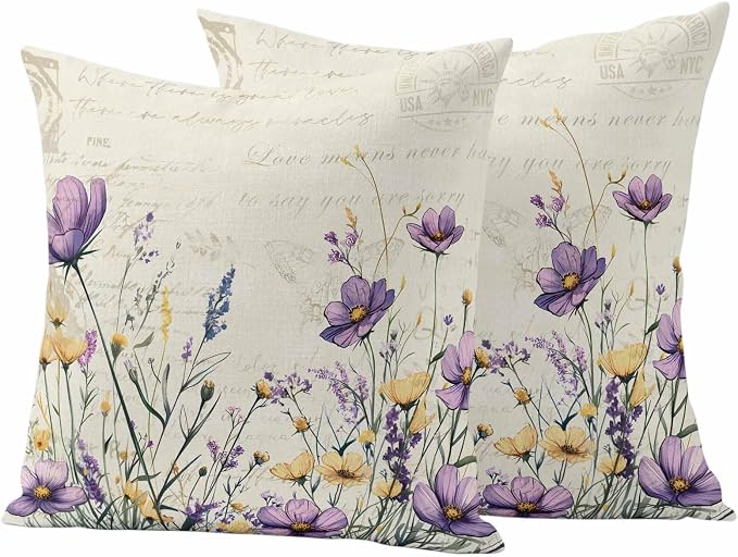 Spring Floral Outdoor Waterproof Throw Pillow Covers Set of 2, 20"x20", Purple Yellow Flower Leaves Retro Letter Texture Decorative Pillow Covers Outside Cushion Case for Patio Porch Garden