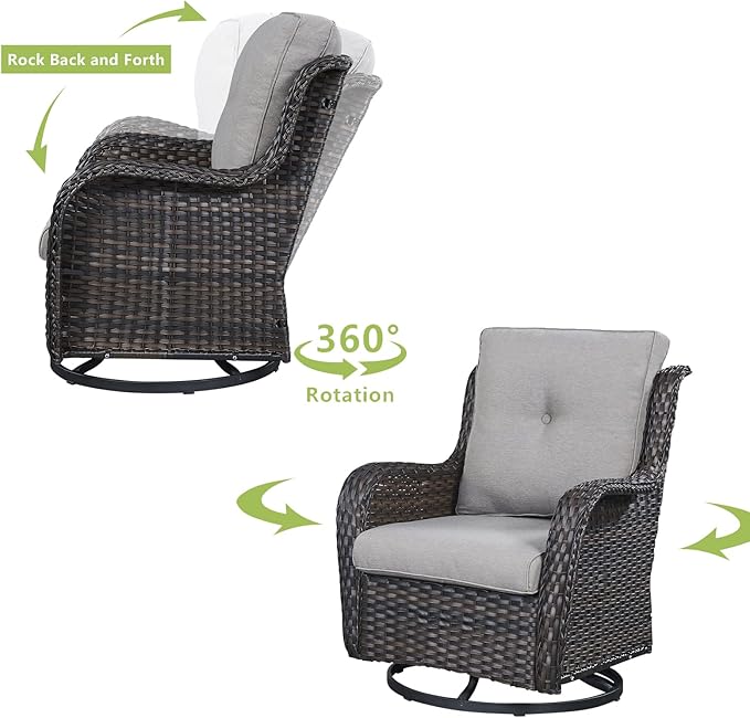 HUMMUH 4 Pieces Outdoor Furniture Patio Furniture Set Wicker Outdoor Sectional Sofa with Swivel Rocking Chairs,Outdoor Coffee Table,Brown/Grey