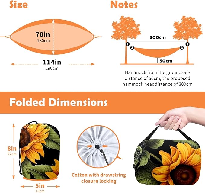 Hammock Double & Single Portable Hammocks with Storage Bag Travel Camping Beach Hiking Backpacking Patio Backyard-Indoor Outdoor Gear Sunflower (2)