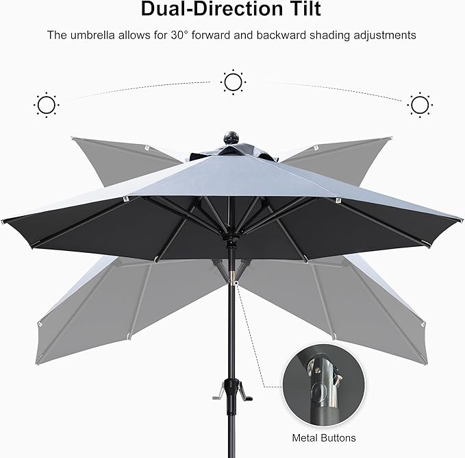 PURPLE LEAF 10' Round Patio Umbrella Outdoor Table Umbrella Aluminum Frame Market Umbrella Sun Umbrella with 8 Sturdy Ribs & Tilt for Garden Deck Lawn & Pool Gray