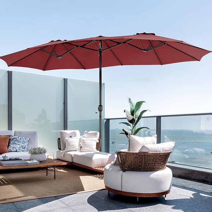 DUMOS 15FT Extra Large Patio Umbrella with Base Included, Rectangle Table Umbrella Outdoor Patio, 12 Sturdy Ribs Triple Head Canopy Outside Umbrellas for Deck, Backyard and Poolside, Wine Red