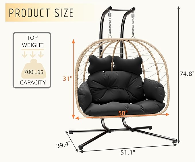 Double Indoor/Outdoor Wicker Swing Egg Chair Hammock Foldable Hanging Loveseat with Stand, UV Resistant Removable Cushions, 700LBS Capacity