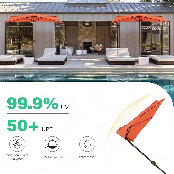 JEAREY 9ft Half Umbrella Outdoor Patio Umbrella Market Umbrellas with Crank, 1/2 Round Wall Umbrella 5 Sturdy Ribs UV Protection for Pool Garden Balcony Deck, Orange