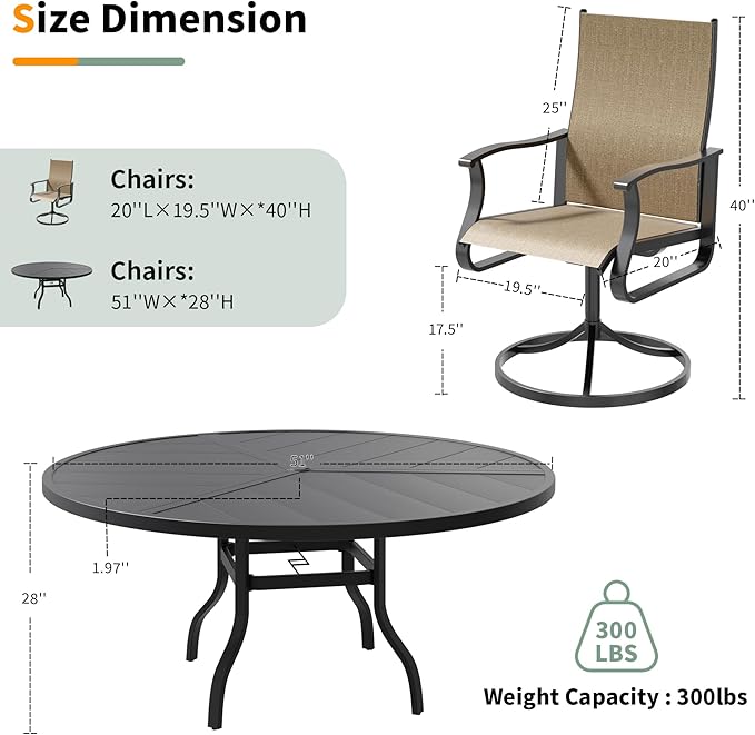 UDPATIO 7 Piece Outdoor Patio Table and Chairs Set with 51" Round Table & 6 Outdoor Swivel Rocker Chairs with High Back & Metal Frame, Patio Table with Chairs, Outdoor Patio Dining Set for Lawn