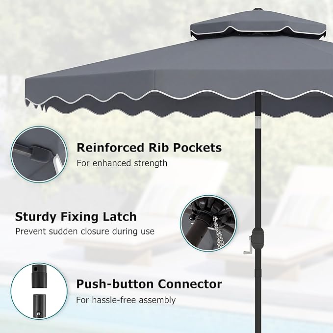 Happygrill 10 FT Patio Umbrella, Scalloped Outdoor Table Market Umbrella with Push Button Tilt & Crank, 2-Tier Vented Top, Heavy-Duty 8 Metal Ribs, Sun-Protective Canopy, Ruffle for Deck Pool Garden (Gray)