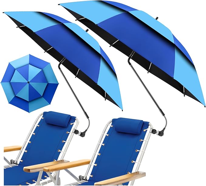 48.6" Double Canopy Beach Umbrella with Clamp, UPF50+ Beach Chair Umbrella with clip, 360°Adjustable Portable Outdoor Wheelchair, Patio, Golf Carts,Camping(Blue/Light Blue)