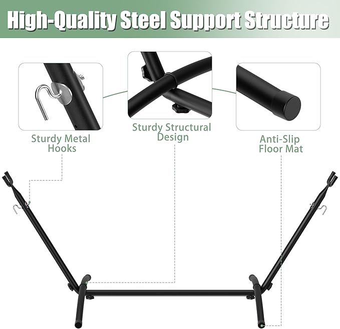 Free Standing Hammock with Stand, 550lbs Capacity - Anti-Flip Curved Spreader Bars - Premium Cotton Portable Hammock for Deck, Porch, Garden - Easy Assembly with Carrying Bag, Heather Gray