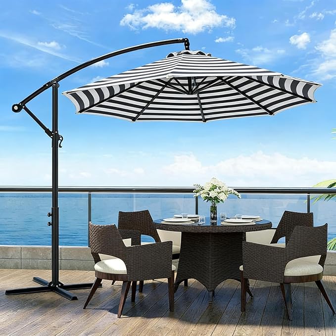 10ft Offset Hanging Market Patio Umbrella w/Cross Base, Outdoor Large Round Aluminum Cantilever Umbrella w/Easy Tilt Adjustment, Fade Resistant Waterproof 8 Ribs Canopy, for Yard, Garden & Dec