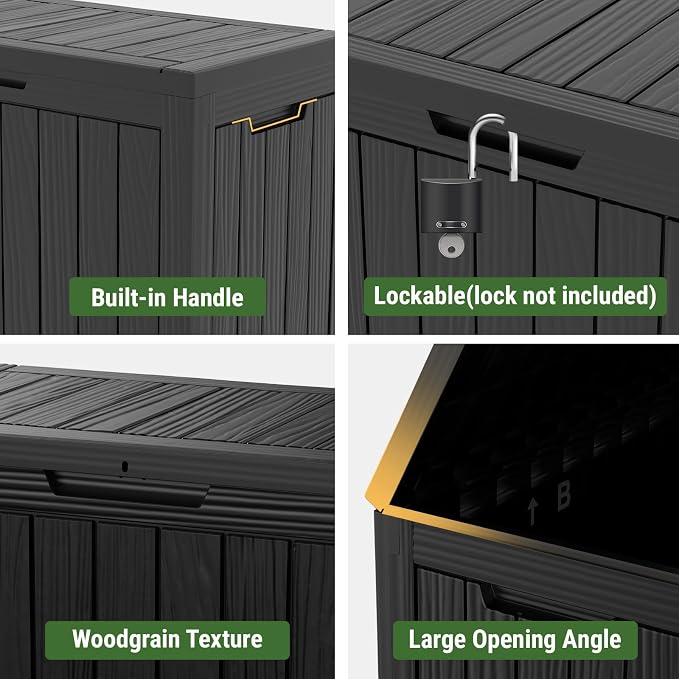 Mars Villa 45 Gallon Outdoor Storage Box, Resin Deck Box Waterproof, Storage Chest for Outside Patio Furniture Cushion, Pool Supply, Garden Tool, UV Resistant and Weatherproof, Black
