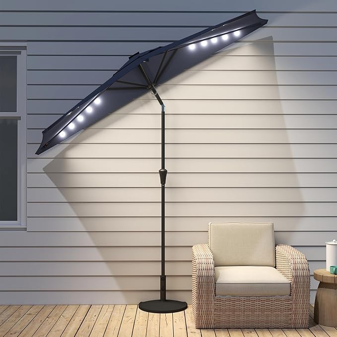 Helios&Hestia 9 ft Small Half Round Solar Powered Wall Outdoor Market Patio Umbrella with LED Lights and Tilt for Garden, Deck, Balcony