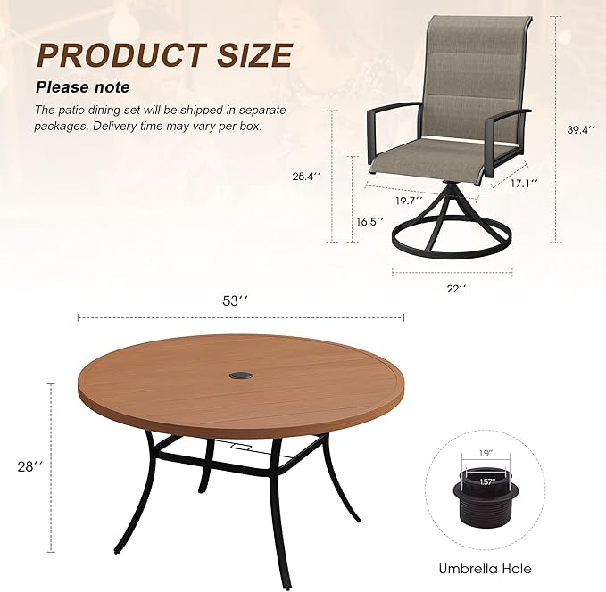 VICLLAX 9 Pieces Outdoor Dining Set, Patio Furniture Set Includes 53" Round Metal Table W/ 1.9" Umbrella Hole and 8 Padded Textilene Swivel Chairs for Porch, Lawn, Garden, Backyard