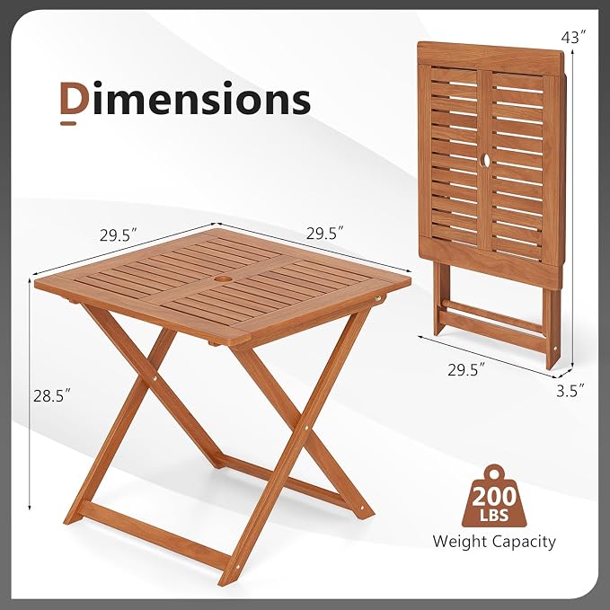 HAPPYGRILL Folding Patio Dining Table with Umbrella Hole, Solid Wood Square Table for 4 with Slatted Tabletop & X-Shaped Support Legs, Space-Saving Design, for Yard or Deck
