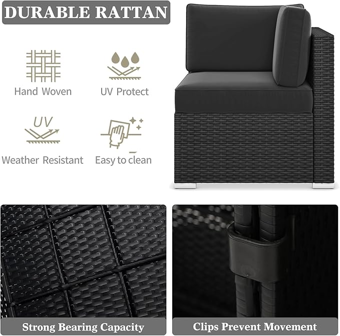 LayinSun 15 Pieces Patio Furniture Set with Fire Pit Table, Black Rattan Modular Sectional Patio Conversation Sofa Set
