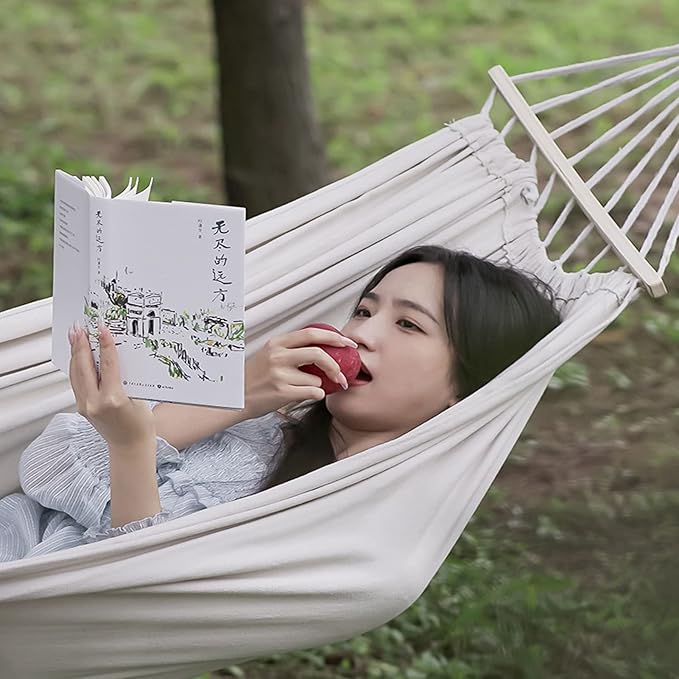 HUHJYUGE Camping Hammock, Breathable Durable Portable Hammocks with Ropes & Carry Bag, Cotton Hammock Comfortable Fabric Hammock, Perfect for Outdoor/Indoor Patio Backyard (190x150cm)