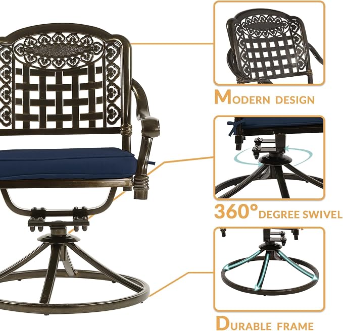 7-Piece Outdoor Patio Dining Set, 60” Rectangular Cast Aluminum Dining Table with Umbrella Hole and 4 Stationary, 2 Swivel Rocker Chairs, 6 Cushioned, Backyard, Patio, Garden, Navy