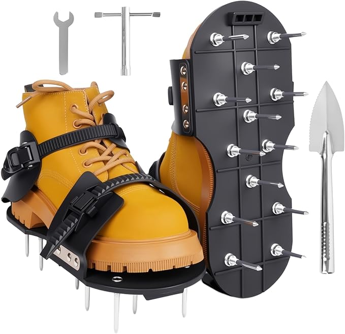 Lawn Aerator Shoes - Heavy Duty Lawn Aerator Tool for Grass with Cleaning Shovel & 6 Extra Spikes, Easy Assembly with Upgraded T-Wrench, Manual Garden Soil Aeration Tools for Yard Care