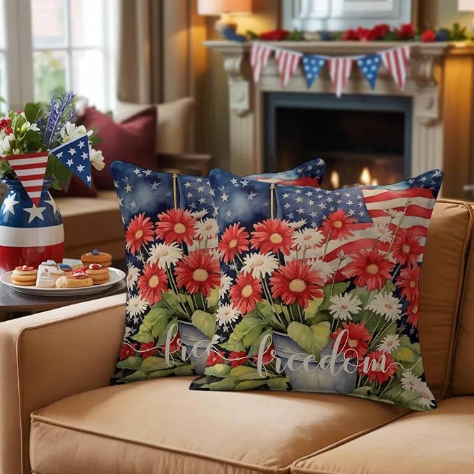 Independence Day Patriotic Flag Outdoor Pillow Covers 16x16in Pack of 2 Waterproof Pillowcase Blossom Flower Green Leaves Decorative Throw Cushion Case for Patio Couch Sofa