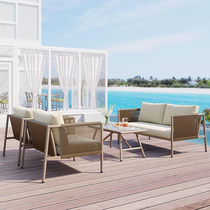 Outdoor Patio Furniture Couch Set, Rope Sofa Set with Thick Cushions and Toughened Glass Table All-Weather Wicker Sofa Conversation Set for Backyard, Beige