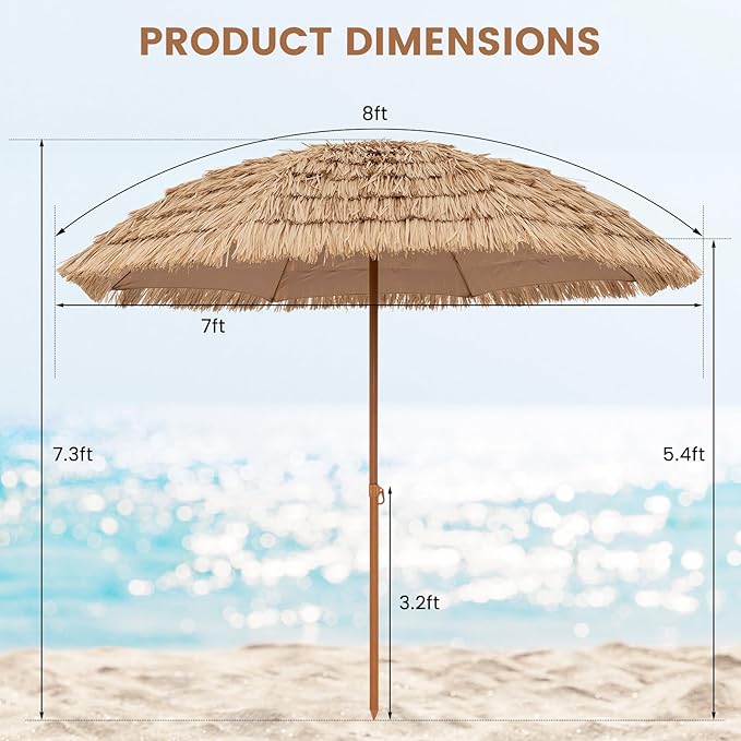 Tangkula 8Ft Tiki Patio Umbrella, UPF50+ Hawaiian Style Outdoor PE Grass Umbrella with 8 Ribs, Portable Thatched Beach Umbrella for Garden, Yard, Poolside