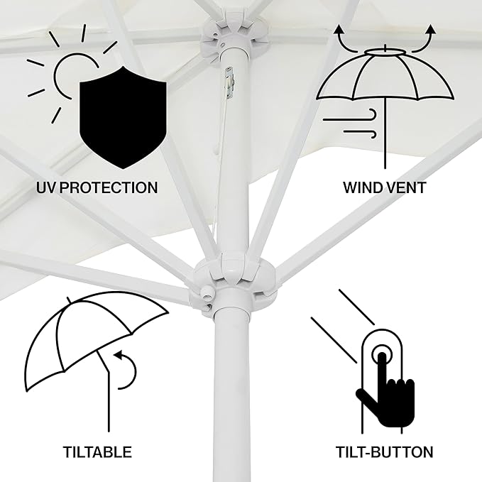 JONATHAN Y Beverly 9 ft. Coastal Cream and White Striped Half Patio Umbrella with Scalloped Fringe, Crank Lift, and Manual Tilt for Balcony, White Pole UMB1201K