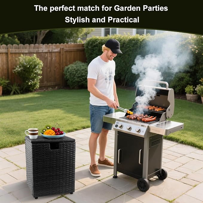 20 LB Wicker Propane Tank Cover Table, Weatherproof Outdoor Propane Tank Hide with Adjustable Feet,Perfect for Backyard, Balcony and Poolside（Black）