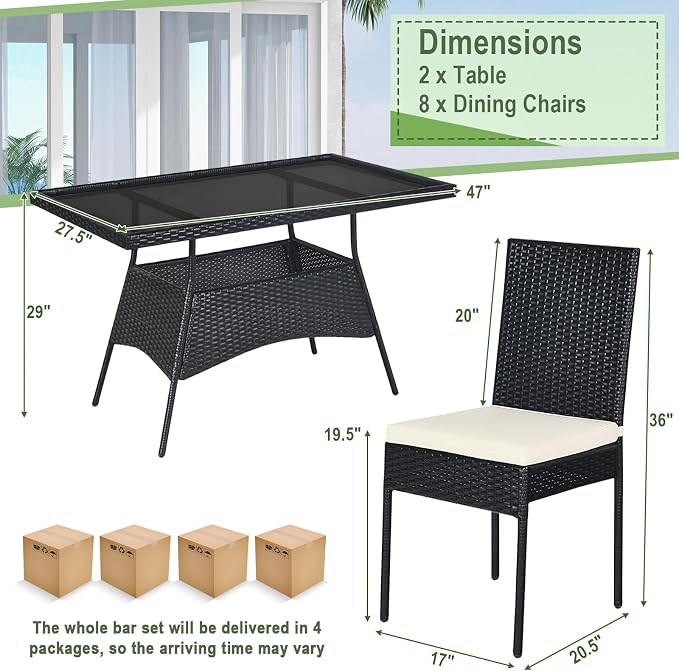 10 Pieces Patio Wicker Dining Set Outdoor Furniture, Outdoor Rattan Table and Chairs with Tempered Glass Table-top & Padded Cushions, Patio Furniture Sets for Backyard, Balcony (Black)