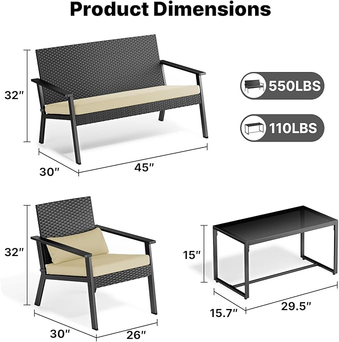 Ahomly 4-Piece Outdoor Wicker Patio Furniture Set with Deep Seating Cushions and Table for Balcony, Backyard, and Porch (Beige)